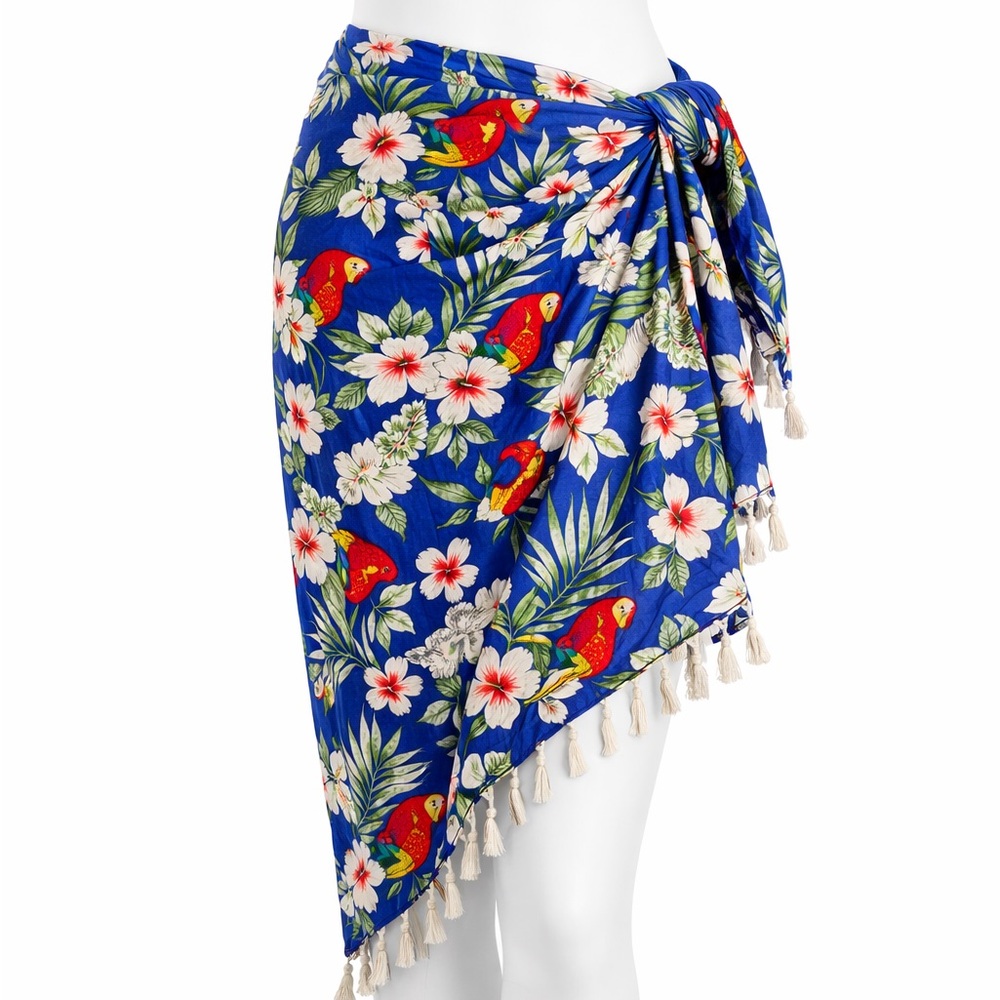 Vibrant Blue Floral Sarong with Parrot Design (with plastic ring) - Picture 2 of 8